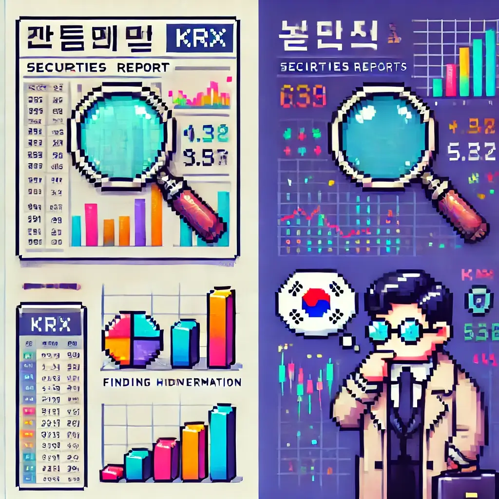 숨겨진 투자 정보를 상징하는, 차트가 있는 한국어 증권사 리포트 위 확대경 픽셀아트.