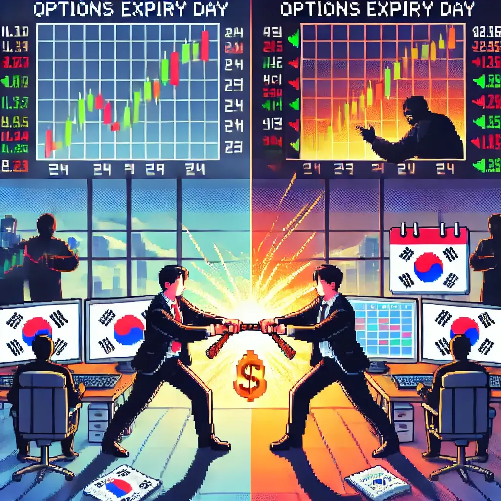 여러 개의 모니터에서 변동하는 차트를 지켜보는 긴장한 트레이더와, 달력에 표시된 '옵션 만기일' 픽셀 아트.